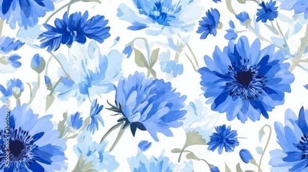 Fototapeta Blue cornflower pattern on pale blue backdrop, intricate design, suitable for textiles, wallpaper, and home decor applications