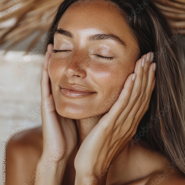Fototapeta Close-up of serene woman with freckles enjoying peaceful moment of relaxation
