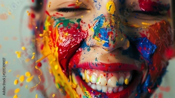 Fototapeta A close-up of a woman's face covered in colorful paint. She is smiling with her eyes closed.