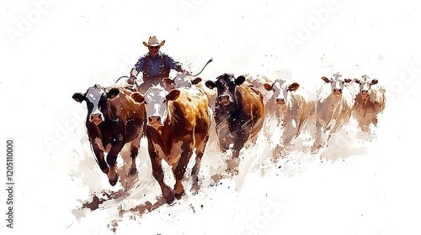 Obraz Cowboy Herding Cattle in Artistic Impression.
