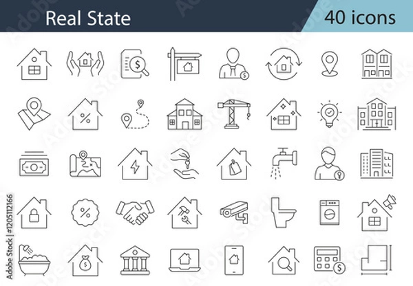 Fototapeta Real state Line Editable Icons set. Includes house, moving home, key, insurance, garage, budget, Construction tools, builders and equipment. Builder, crane, engineering, equipment, helmet, and more.