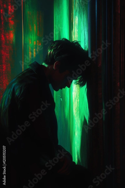 Fototapeta A man leans against the wall, his head down in sadness and despair, illuminated by green neon lights. His posture suggests he is disheartened or sad about something, with the focus on his face.
