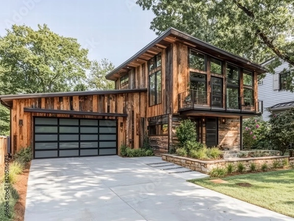 Fototapeta Modern Rustic Farmhouse: A stunning contemporary home blends rustic charm with modern design.  The exterior showcases reclaimed wood siding, large windows, and a sleek garage door.