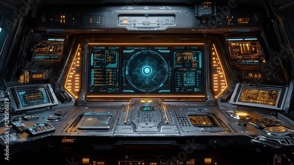 Fototapeta Futuristic spaceship control panel with glowing screens and interfaces.