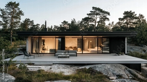 Obraz Modern Cabin Retreat: A minimalist, single-story cabin nestled amidst a tranquil forest, showcasing a sleek design with expansive glass windows and a spacious deck.