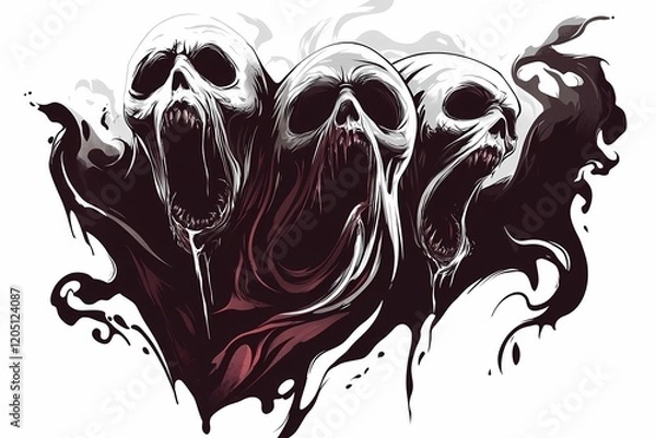 Fototapeta Screaming Skulls Emerging from Darkness: A Gothic Horror Illustration