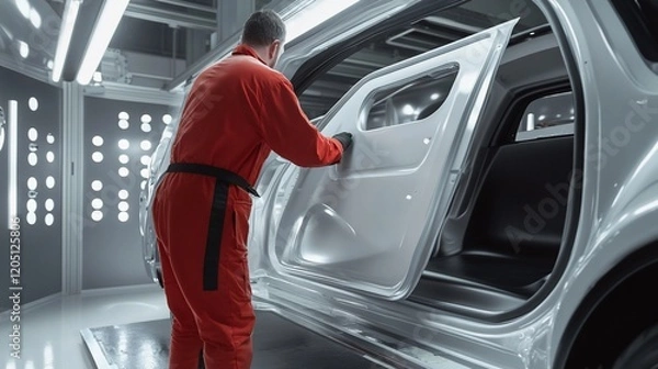 Fototapeta Automotive Assembly Line Technician Attaching a Car Door in Factory Setting