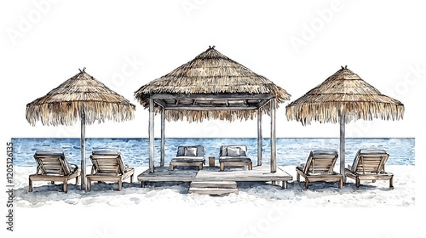 Fototapeta Tranquil Beachfront Cabana Scene Watercolor Illustration.