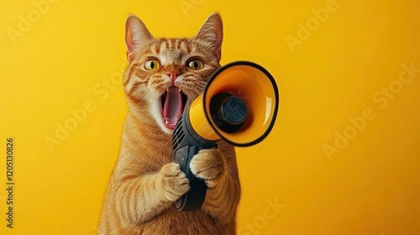 Fototapeta Funny cat holding a loudspeaker and screaming, creating a humorous and quirky visual perfect for memes, pet-related campaigns, or social media content. 