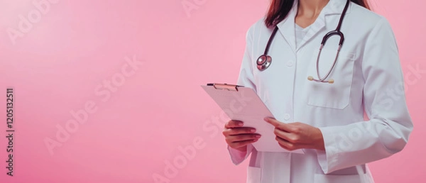 Fototapeta A female doctor holding a medical report on a isolated pink background, close-up view of hands with a stethoscope in a white coat, banner design. Space for text copy.