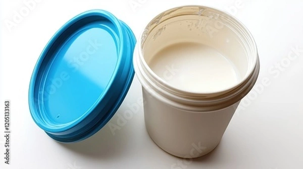 Fototapeta Open Container with Smooth White Creamy Substance and Blue Lid