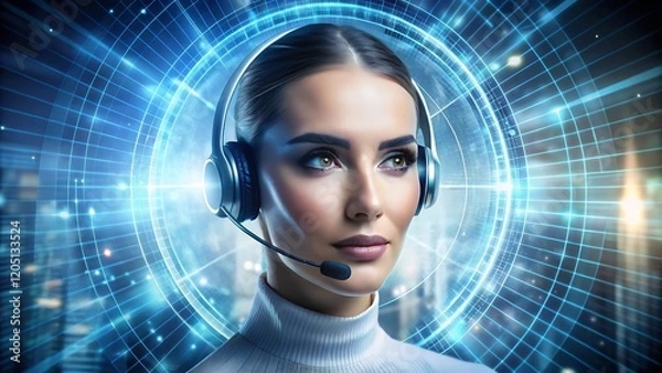 Fototapeta A futuristic professional woman wearing a headset, attentively monitoring data streams displayed on multiple interactive screens