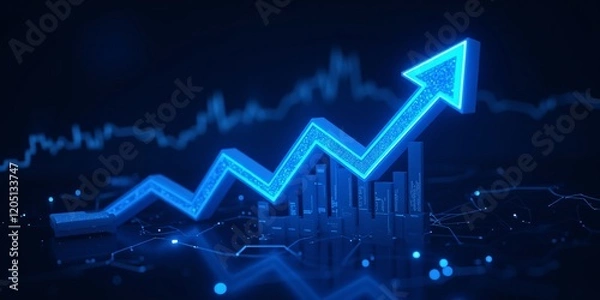 Fototapeta Blue arrow soaring upwards, signifying growth and progress.  Data points and graphs create a dynamic backdrop, reflecting market trends.
