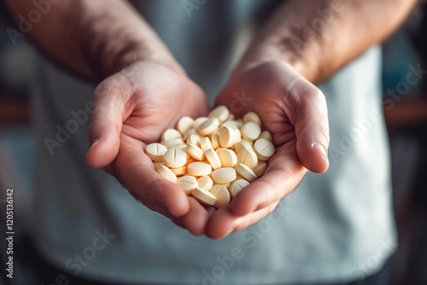 Fototapeta Man holding a heap of yellow pills in hands close-up