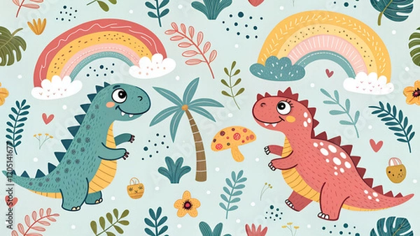 Fototapeta colorful seamless pattern for kids with cute dinosaurs