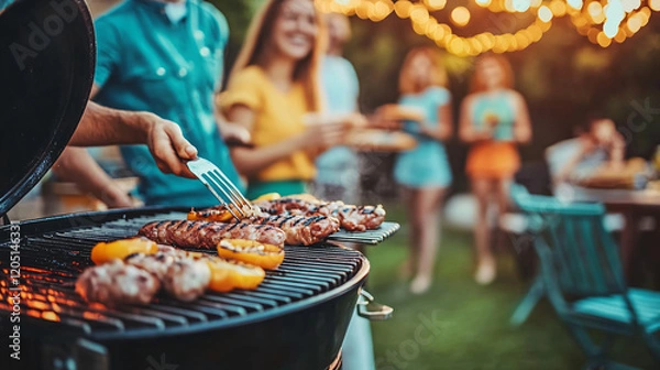 Fototapeta Summer BBQ Fun:  A close-up view of a sizzling barbecue grill with friends and family enjoying a relaxing summer gathering, evoking a warm and inviting atmosphere.  