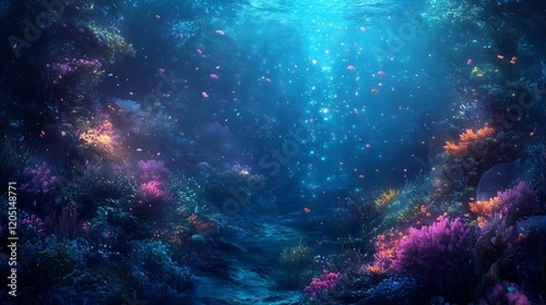 Fototapeta Underwater Scene with Colorful Coral and Bioluminescent Particles