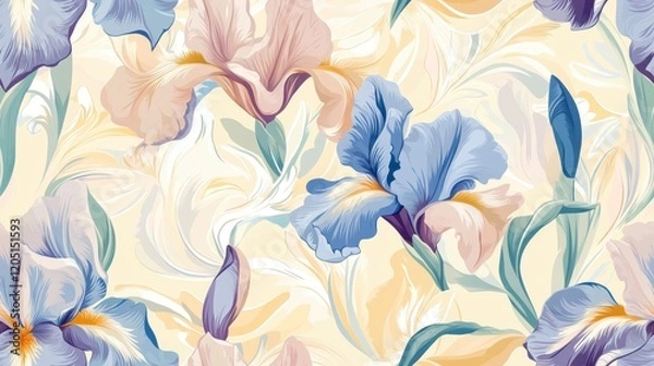 Fototapeta Elegant Iris Seamless Pattern, intricate design featuring soft pastel tones, perfect for textiles and wallpaper, enhancing any decor with floral charm