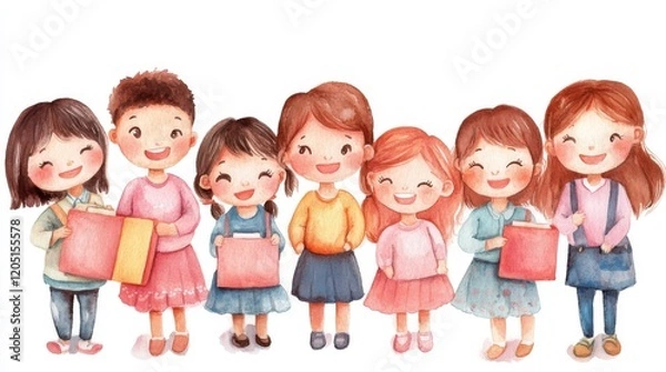 Fototapeta A cheerful group of children joyfully holding gift boxes, showcasing friendship and happiness in a colorful illustration.