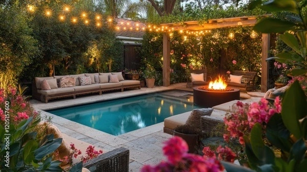 Obraz A backyard with a pool and a fire pit