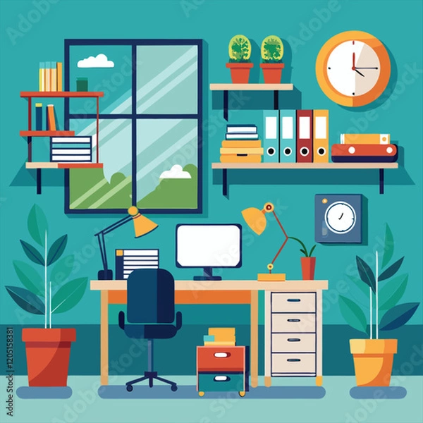 Fototapeta Office Workplace interior With Computer Table Vector