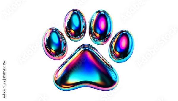 Fototapeta 3D chrome element in Y2K style, isolated background, liquid holographic metal. Colorful paw print with a metallic shine, different colors, vibrant.