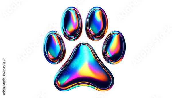 Fototapeta 3D chrome element in Y2K style, isolated background, liquid holographic metal. Colorful paw print with a metallic shine, different colors, vibrant.