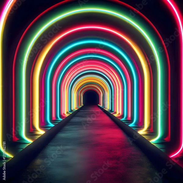 Fototapeta A 3D illustration shows a vibrant tunnel with glowing neon arches leading into darkness, creating a futuristic pathway.