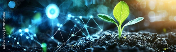 Fototapeta Futuristic agricultural technology banner featuring a young sprout amidst scientific research elements and organic digital designs AI Generated