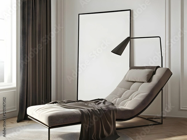 Fototapeta Modern Chaise Lounge in Minimalist Interior with Blank Canvas Art and Stylish Lamp.