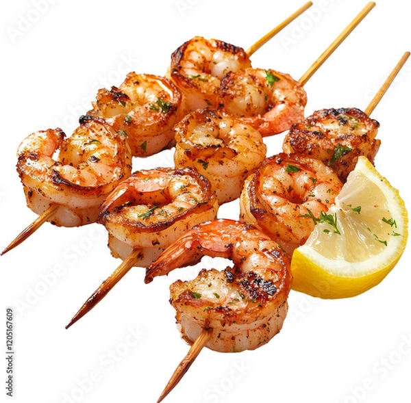 Obraz Grilled shrimp skewers with lemon on a black background.