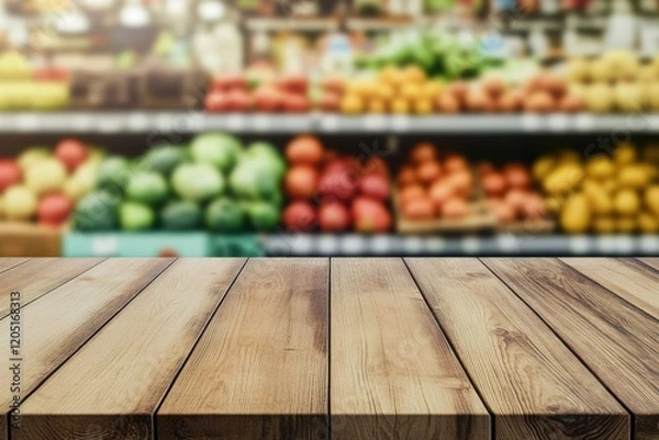 Fototapeta Empty wooden tabletop with blurred supermarket fruit and vegetable display shelf background for product display montage, banner mockup template