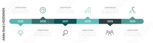 Fototapeta Business infographics for a presentation consisting of 6 steps, stages of achieving a goal. Project planning by year or month, editable icons