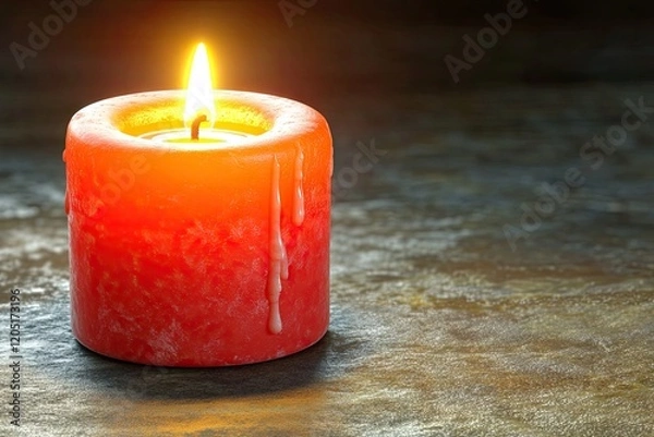 Fototapeta A glowing red candle with wax dripping, creating a warm ambiance.