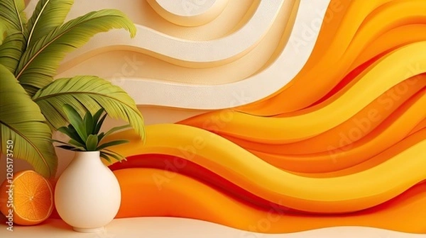 Fototapeta A vibrant, abstract background with wavy patterns, a plant, and an orange slice.