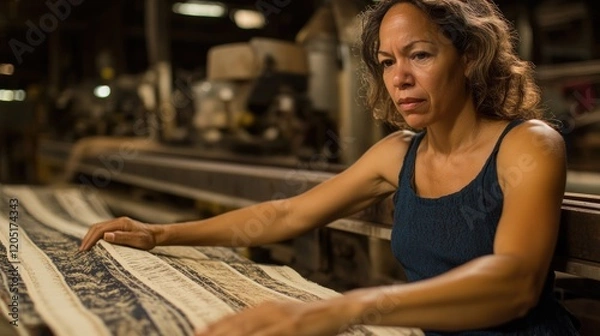 Fototapeta A woman examines fabric in a textile workshop, showcasing craftsmanship and focus.