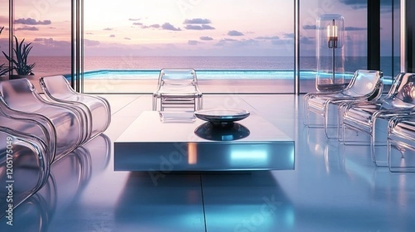 Obraz A futuristic beachfront loft with sleek metal furniture and reflective surfaces. Transparent acrylic chairs surround a minimalistic coffee table