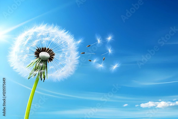 Fototapeta Dandelion releases seeds into a clear blue sky, symbolizing letting go and new beginnings, peacefully.