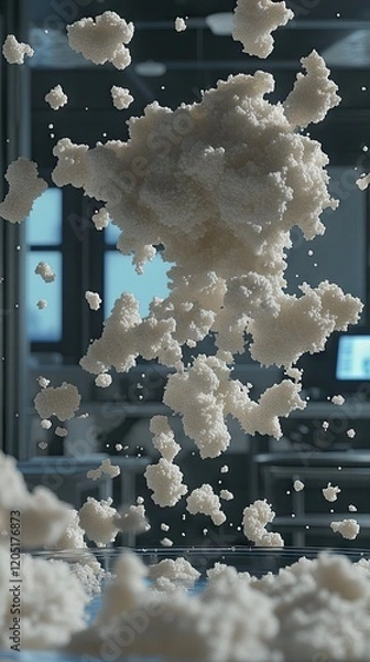 Fototapeta A cloud of fluffy material suspended in a laboratory setting, suggesting experimentation.