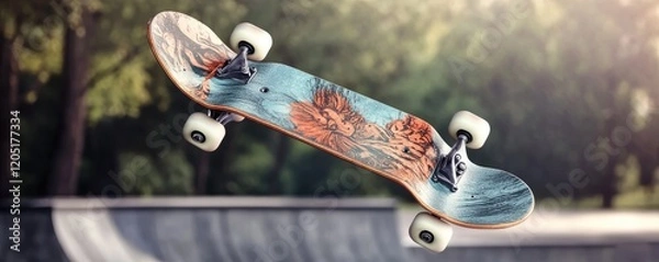 Fototapeta A skateboard mid-air, showcasing its design and wheels against a blurred park backdrop.