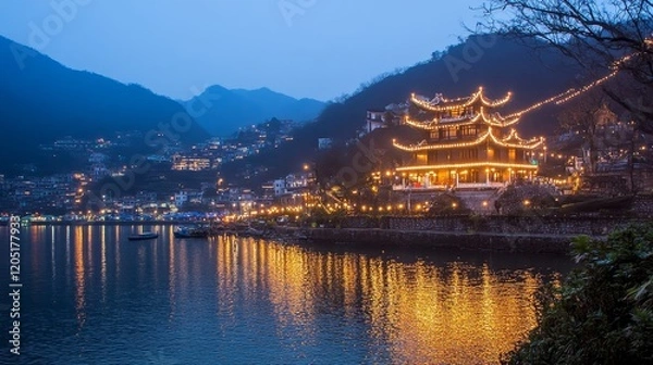 Fototapeta Illuminated Lakeside Temple at Night in Mountain Village