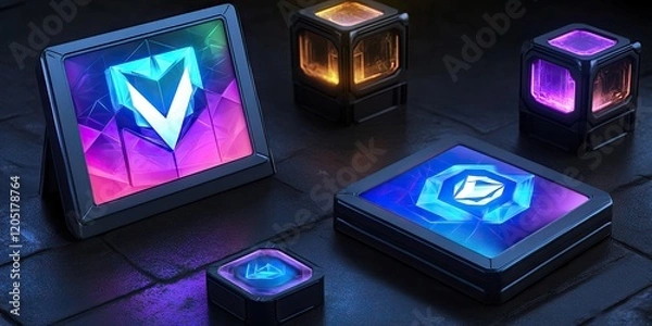 Fototapeta A collection of colorful geometric tokens or icons on a dark surface.