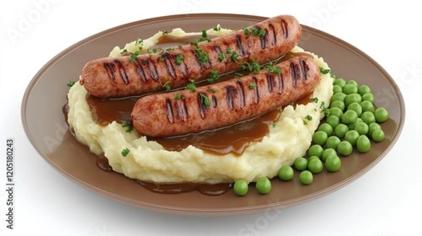 Fototapeta A plate of sausages on mashed potatoes with gravy and peas, showcasing a hearty meal.
