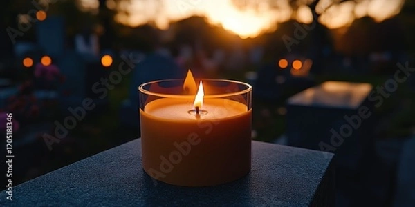 Fototapeta A lit candle on a gravestone at sunset, creating a serene and reflective atmosphere.