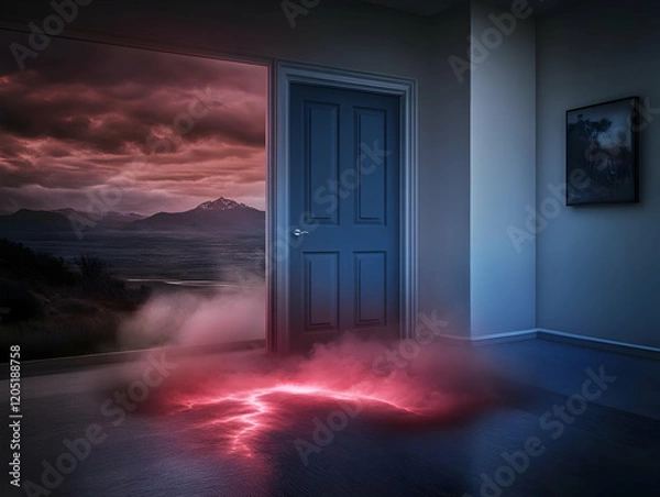 Fototapeta Open Door Reveals Mystical Landscape with Red Glowing Energy and Fog Mysteriously Covering the Floor.