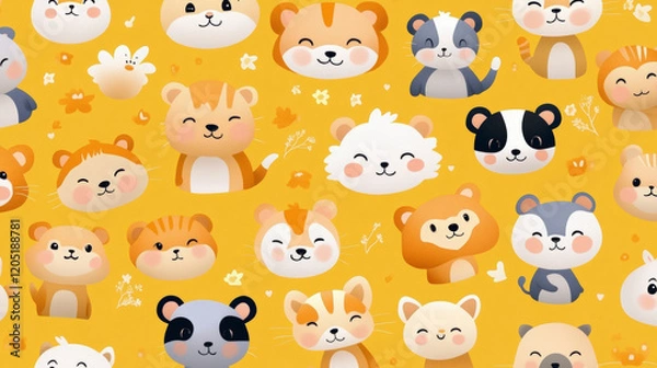 Fototapeta Adorable cartoon animals on a yellow background create a cheerful pattern perfect for children's decor and playful designs.