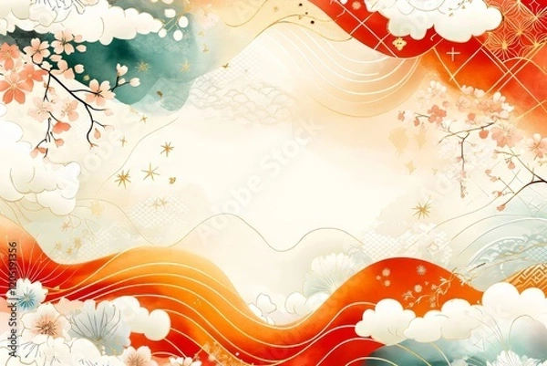 Fototapeta A vibrant abstract design with floral patterns and flowing waves in warm hues.