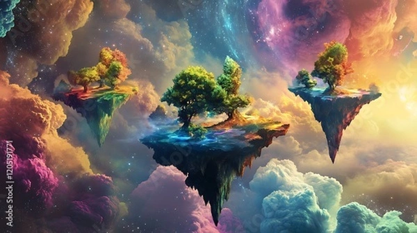 Fototapeta Floating Islands with Trees in a Colorful Sky