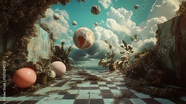 Fototapeta Surreal Landscape with Checkered Floor and Floating Planets