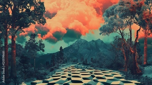 Fototapeta A Mystical Forest Path Leading to Mountains Under an Orange Sky